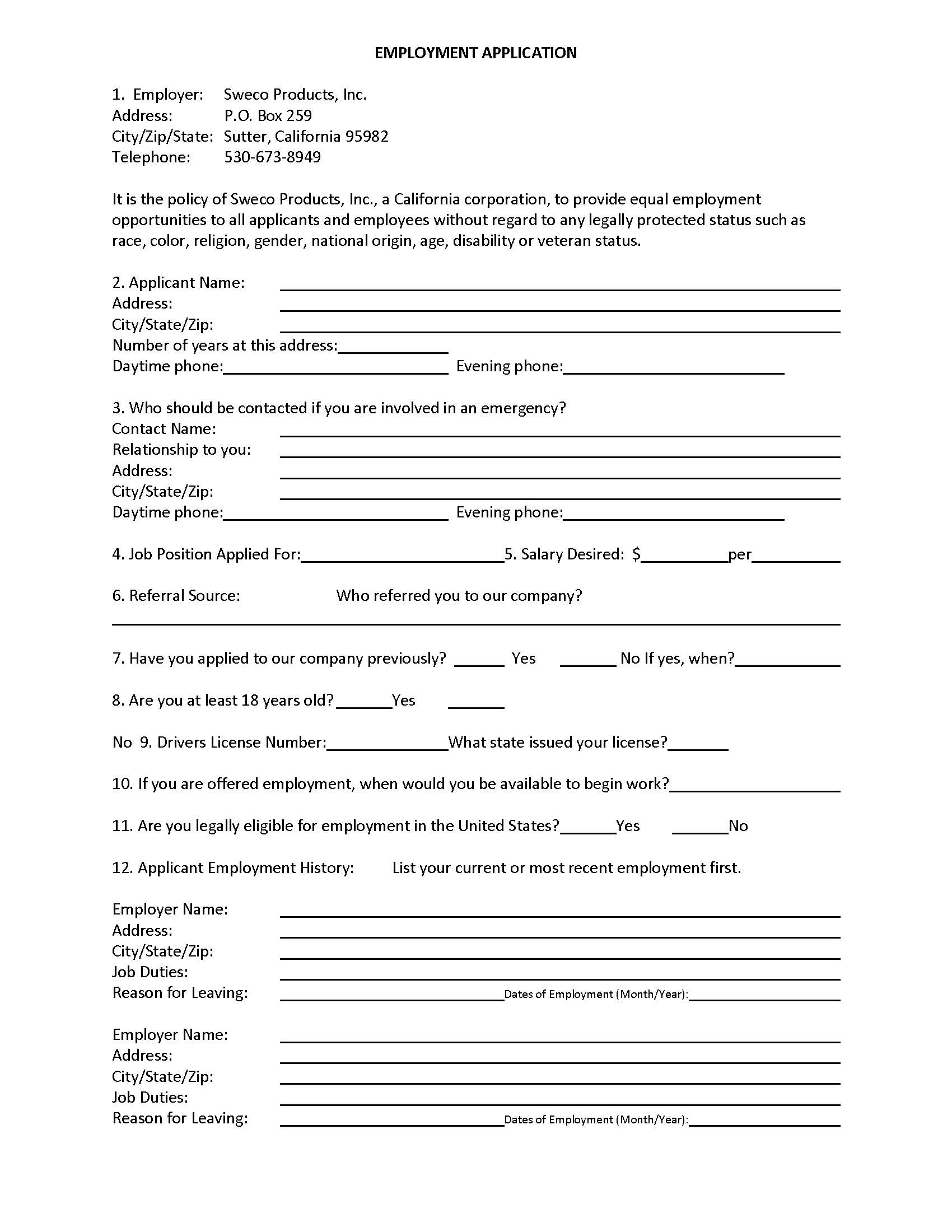 EMPLOYMENT APPLICATION2018_Page_1 | SWECO PRODUCTS, INC.